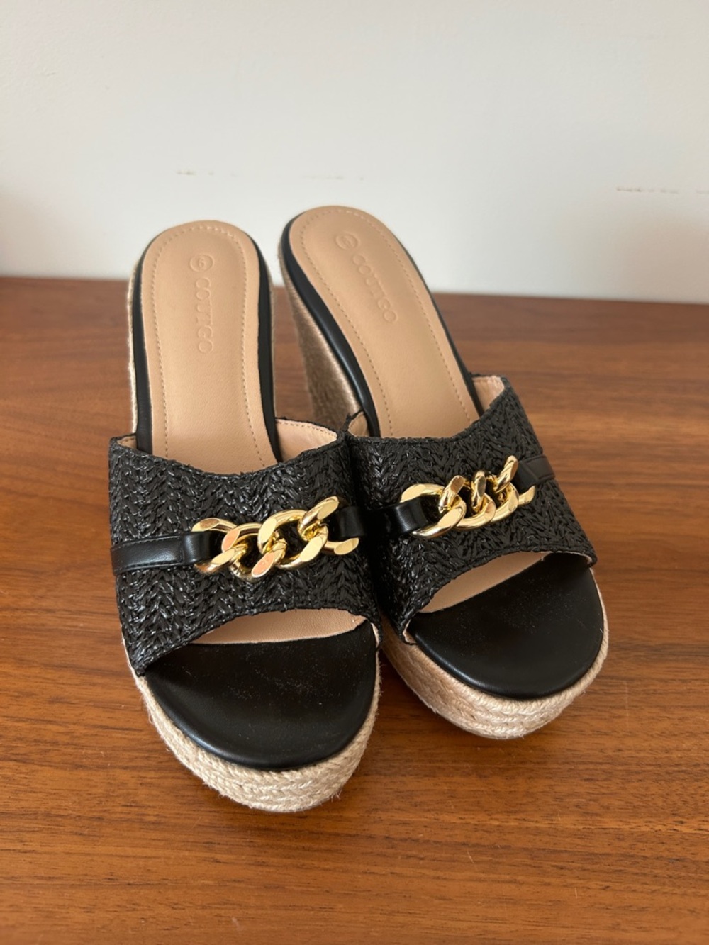 Black Woven Wedge Slide Sandals with Gold Chain Accent